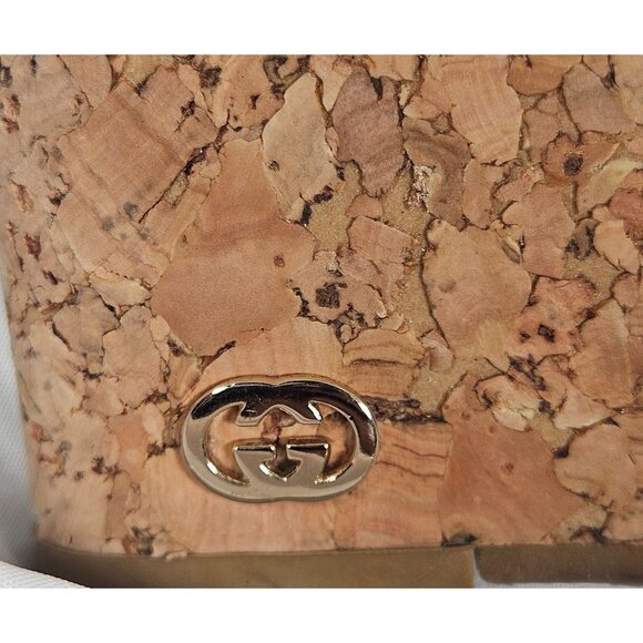Gucci Women’s Gold Wedge Sandals 8.5 B Cork Heel Minimalist Resort Chic Boho - Picture 6 of 16